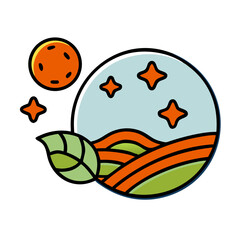 Celestial Landscape Starry Night, Orange Planet, Green Leaf