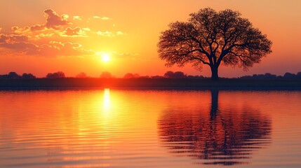 Obraz premium Sunrise over Calm Water with Silhouetted Tree.