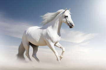 Obraz na płótnie Canvas majestic white horse in motion, set against a serene and natural backdrop. The composition combines elements of power, grace, and freedom, creating a visually striking and dynamic scene.