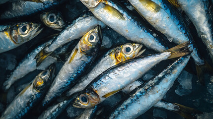 Obraz premium Fresh sardines on ice, showcasing their shiny scales and vibrant colors. These small fish are often used in various culinary dishes, highlighting their rich flavor and nutritional benefits