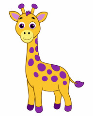 Obraz premium Adorable Cartoon Giraffe Illustration with Yellow and Purple Spots for Kids.