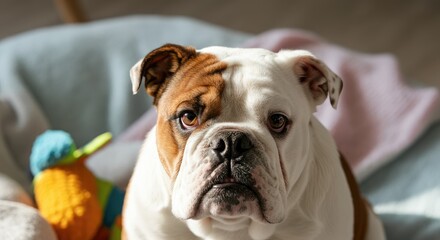 Fototapeta premium English Bulldog sitting on bed with toys, looking up