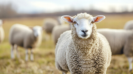 Obraz premium Fluffy sheep grazing in serene pasture, showcasing their woolly coats and calm demeanor, embodying essence of rural life and natural beauty