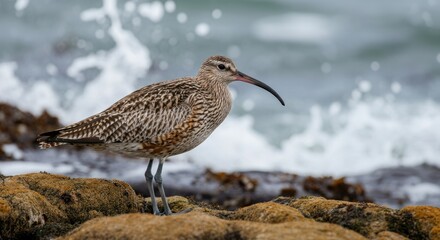 Obraz premium Shorebird with long curved beak on rocky coast sea spray background
