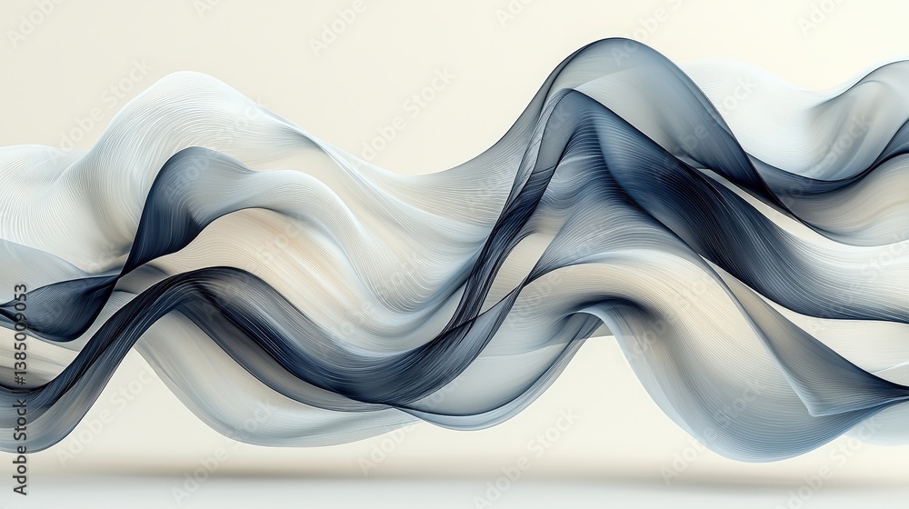 Poster abstract flowing waves in soft tones of white and blue with elegant curves and motion