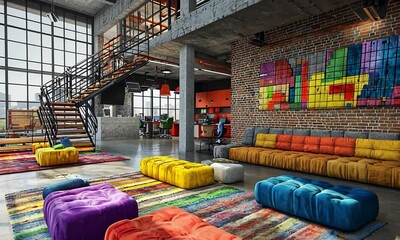 Modern vibrant office interior featuring colorful furniture, large windows, and artistic decor