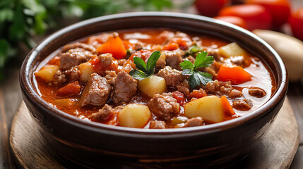 Hearty meat stew with tender chunks of meat, potatoes, and colorful vegetables, garnished with fresh parsley, served in rustic bowl. This comforting dish is perfect for cold days
