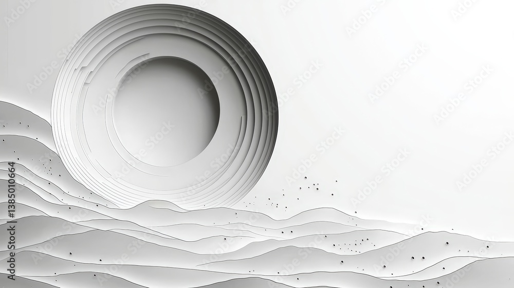 Poster abstract minimalist landscape with layered white hills and a large circular element in the backgroun