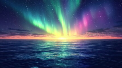 Naklejka premium Spectacular aurora borealis display over the ocean at night scenery