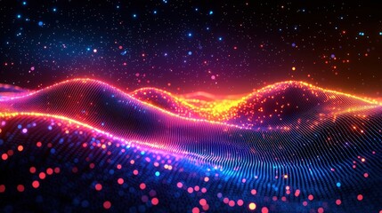 Obraz premium Colorful Abstract Digital Landscape with Glowing Lights and Starry Night Sky