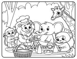 kids coloring book kid Lion with her friends 
