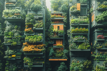 Green Urban Living – Minimalist Illustration of Sustainable Farming and Vertical Gardens