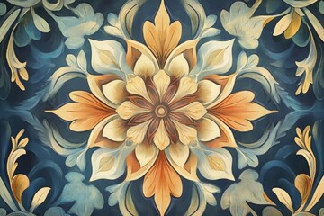 Intricate floral design featuring a central mandala-like flower with surrounding swirling foliage. Predominantly warm earth tones orange, beige against a deep teal background