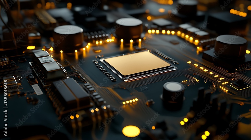 Wall mural glowing cpu on circuit board tech innovation.
