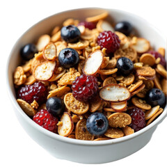 Fototapeta premium Close up of a white bowl filled with cereal blueberries raspberries and sliced almonds for a healthy breakfast