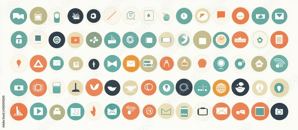 Aufkleber collection of minimalist vector icons in circles with retro color palette