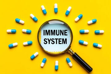 Immune system text on sticky paper note with Medicine Capsule and Magnifying glass on yellow background.