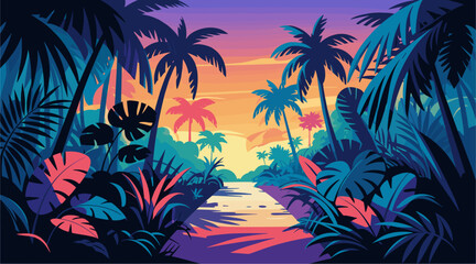 Obraz premium Dramatic landscape with tropical forest with palm trees and a river. The sky is orange and pink. Colorful vector art illustration