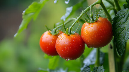 Fresh tomatoes glisten with droplets of water, hanging on vine surrounded by lush green leaves. These vibrant red fruits are often used in various dishes, adding flavor and nutrition