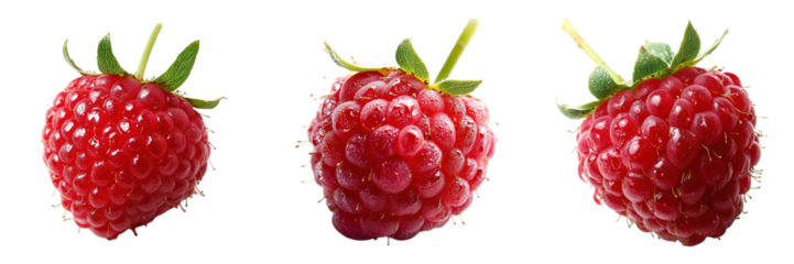 Three ripe raspberries with glistening dew drops.