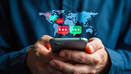 E-mail and social media. Global network. Hands using smartphone with new messages icon. Business and marketing concept.