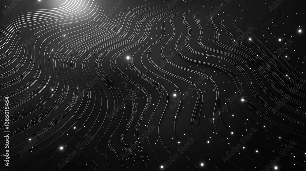 Poster abstract black and white background with flowing lines and glowing stars in vast space environment