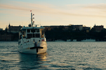 A passenger ship travels across the river