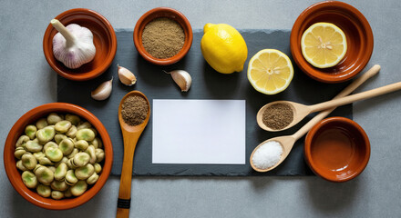 Cooking ingredients (garlic, lemon, spices) arranged around empty card