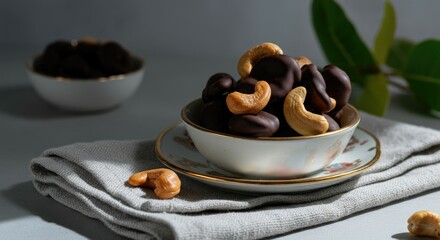 Fototapeta premium Bowl of chocolate-covered cashews and plain on cloth