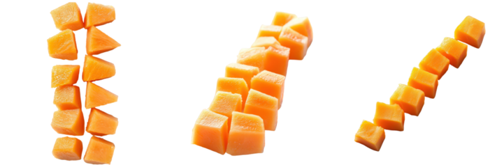 Three arrangements of vibrant orange cantaloupe cubes.