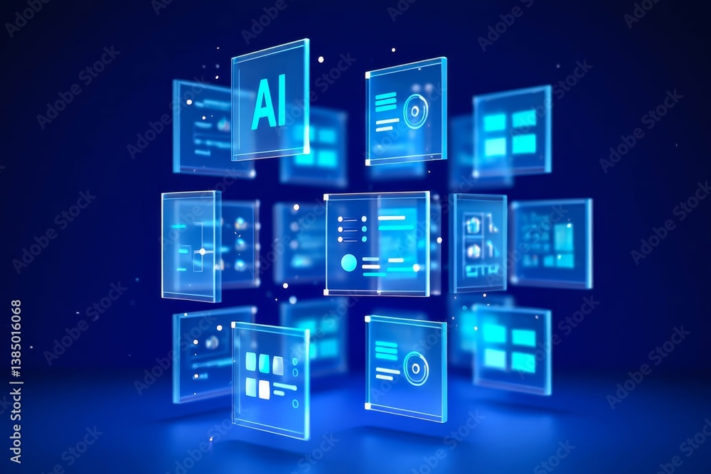 Fototapete Artificial Intelligence Content Generator. A man uses a laptop to interact with AI assistant.