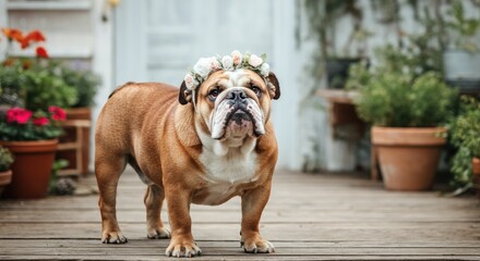 Brown bulldog wearing floral crown standing on wooden deck surrounded by potted plants