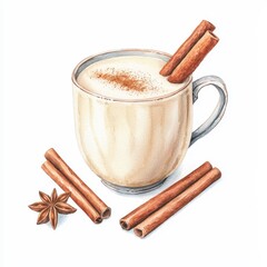 Delicious hot milk drink with cinnamon sticks cozy kitchen food photography warm atmosphere close-up comforting beverage