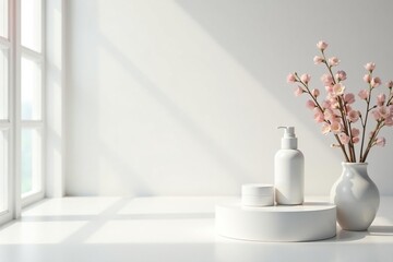 Clean, minimalist white backdrop for cosmetic displays, pristine, photography
