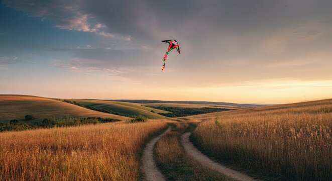 Colorful kite flying over scenic rural landscape with winding path and golden fields at sunset