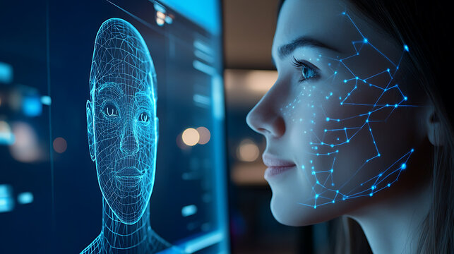 An AI powered facial expression recognition system analyzing emotions during virtual meetings for improved communication, Communication technology style, photo of