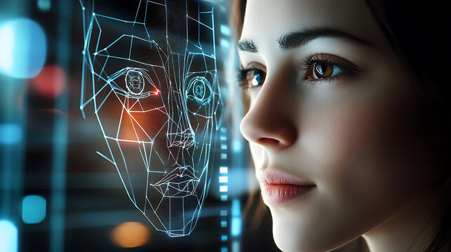 An AI powered facial expression recognition system analyzing emotions during virtual meetings for improved communication, Communication technology style, photo of - Powered by Adobe