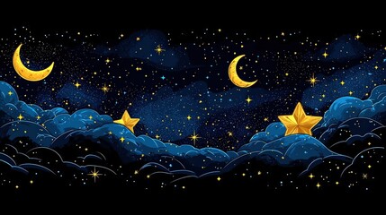 Fototapeta premium Night Sky Illustration with Twinkling Stars and Crescent Moons Over Dreamy Clouds