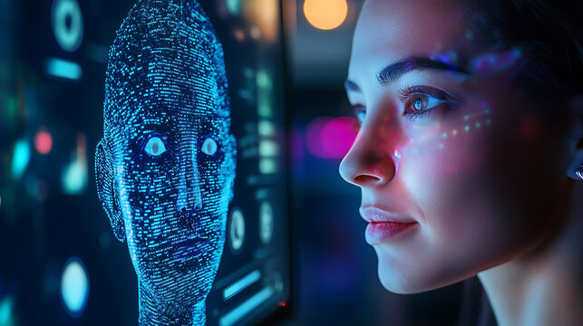 An AI powered facial expression recognition system analyzing emotions during virtual meetings for improved communication, Communication technology style, photo of