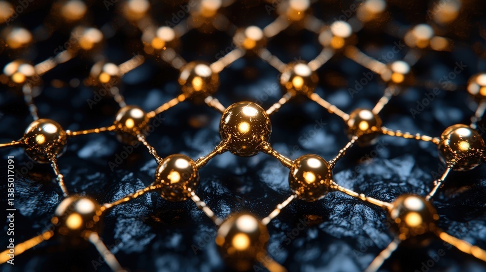 Poster intricate close-up of metallic spheres on networked surface representing molecular structure