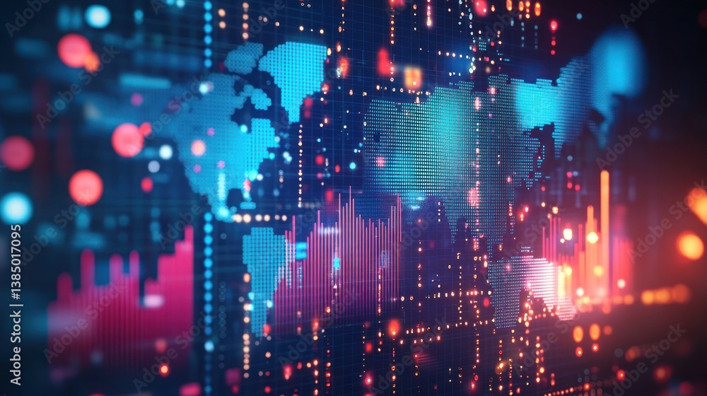 Poster global data visualization, interactive world map with financial charts