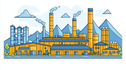 Obraz premium Colorful Industrial Complex with Smokestacks and Mountains in the Background