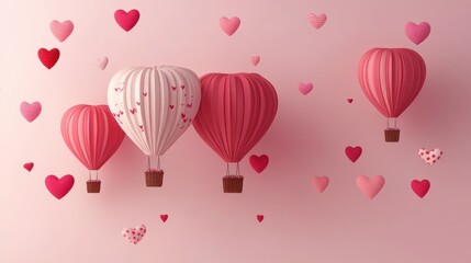 Romantic Valentine's Day scene with heart-shaped hot air balloons and confetti
