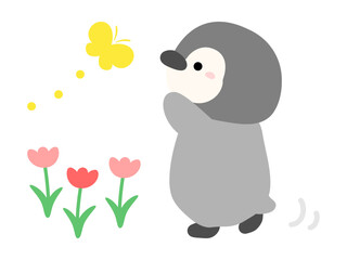 Fototapeta premium 花とちょうちょとペンギン、春のイラスト