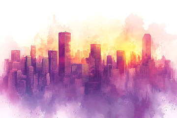 Abstract watercolor painting of a city skyline at sunrise bathed in hues of orange yellow and purple.