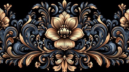 Elegant Floral Pattern with Gold and Blue Accents on Black Background for Elegant Design Projects