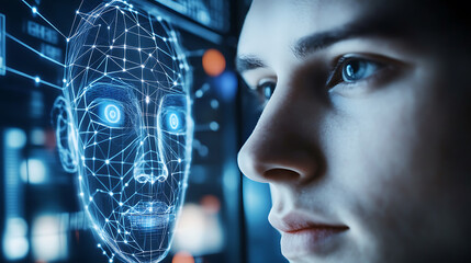 An AI powered facial recognition system identifying individuals for secure access control in high security facilities, Security technology style, photo of