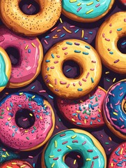 Colorful display of rainbow frosted donuts with sprinkles in playful pop-art style captures a fun and bright atmosphere