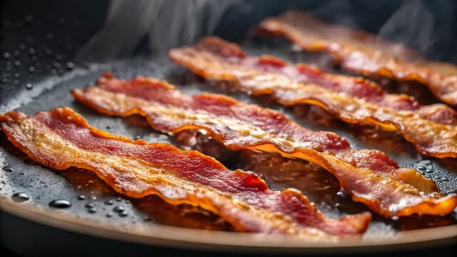 Healthy breakfast low sugar concept. Crispy strips of bacon sizzling in a frying pan, emitting steam and glistening with grease, creating a mouthwatering appearance.