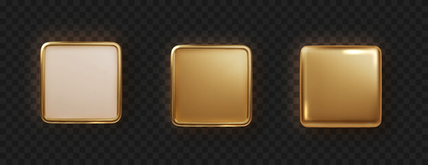 Golden plate button shape with frame. Realistic isolated design element, golden glossy label. Realistic 3D design.